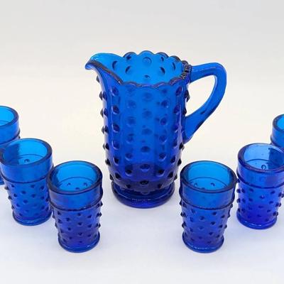 Cobalt Blue Mini Hobnail Pitcher with 6 Glasses marked Wetzel