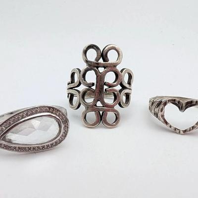 Three Rings | Sterling with Faceted Glass | Silver Srolls | Silver Heart
