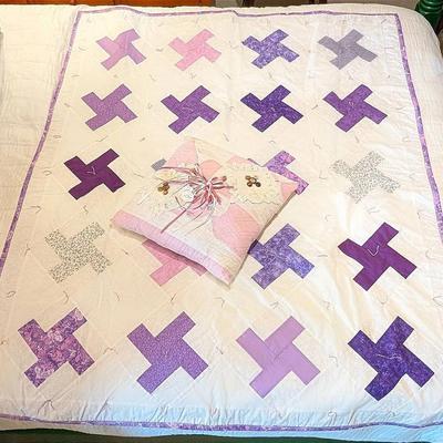 Handmade Purple Pinwheel Throw Size Quilt with Pink Handmade Decorative Pillow