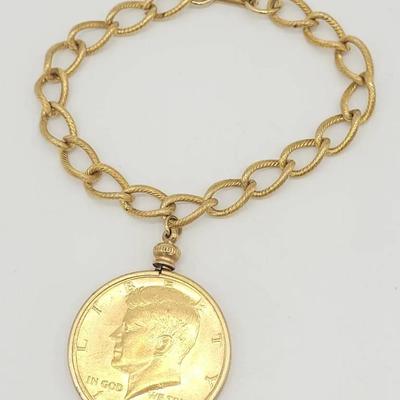 Gold Tone 1973 Liberty Half Dollar Coin Charm Bracelet