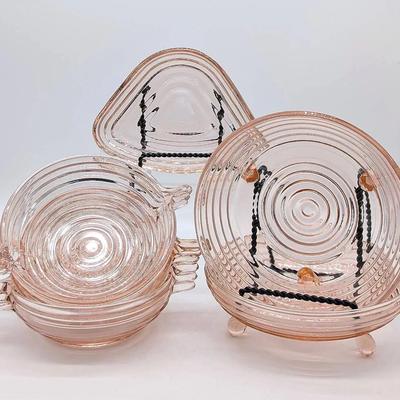 Achor Hocking Pink Manhattan Depression Glass Set | Nut Dish | Footed Bowls | Handled Bowls