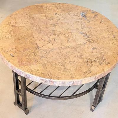 Round Stone Veneer and Metal Base Cocktail Table Made in Mexico