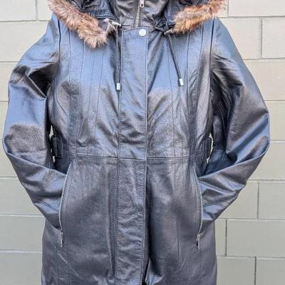NWT Hooded Faux Fur Trim Black Leather Jacket 