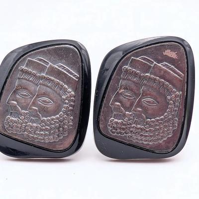 Cufflink Collection | One Pair of Vintage Swank Black and Stamped Metal Cufflinks