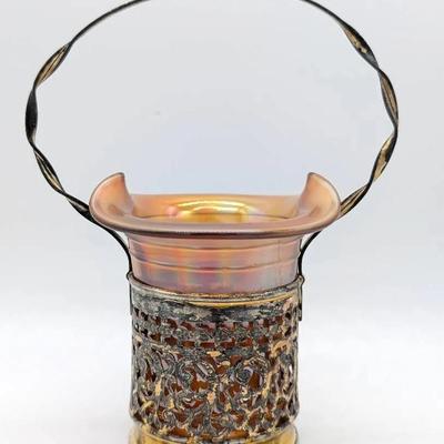 Marigold Carnival Glass Vase in Metal Basket