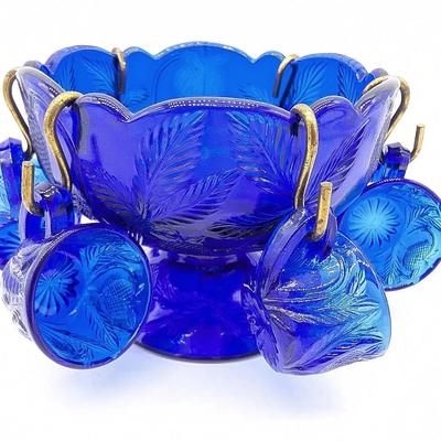 Cobalt Blue Mosser Child's Mini Punch Bowl Set with Strawberry Motif