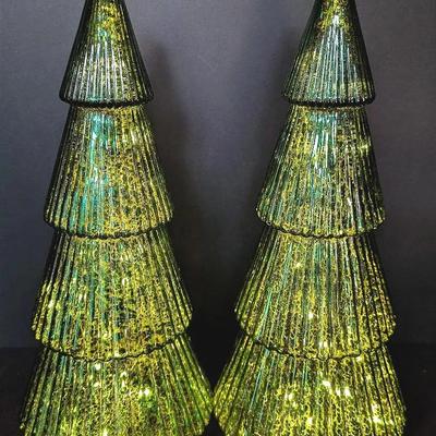 2 Green Mercury Style Glass Light Up Christmas Winter Trees