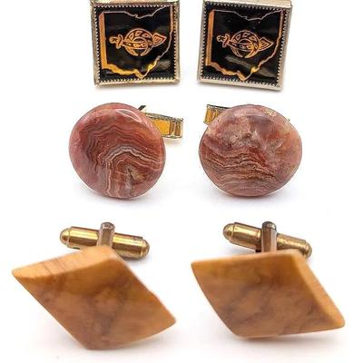 Cufflink Collection | 3 Pairs of Vintage Cufflinks | Agate | Wood | Shriners