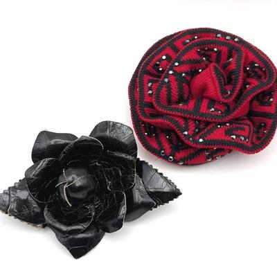 2 Flower Brooches | St. John Knit Flower Brooch | Black Leather Flower Brooch