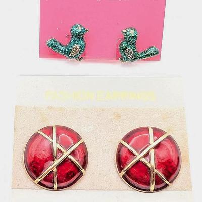 2 Pairs of Pierced Earrings | Betsey Johnson Teal Birds | Vintage Red Lucite