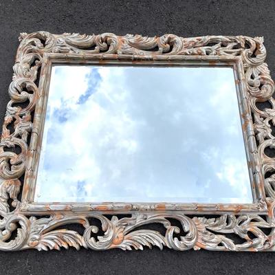 Oversized Horizontal Wood Carved Mirror 