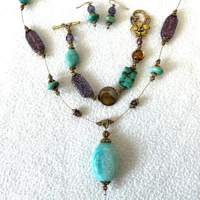 Jewelry Parure Set with Turquoise & Colored Stones:  Necklace, Bracelet & Earrings