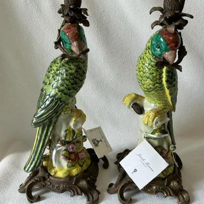 Porcelain And Brass Ormolu Green Parrot Candle Holders