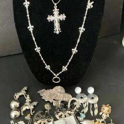 Variety Of Silver Tone Jewelry & A Pair Of Swarovski Earrings 