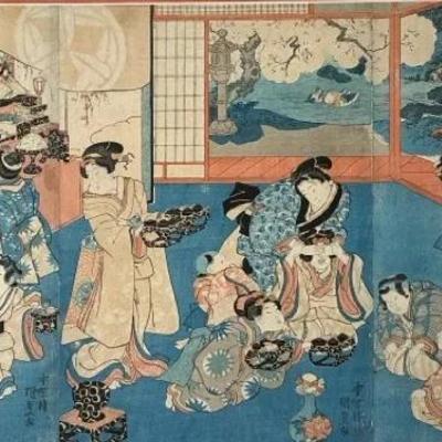 Japanese Wood Block Tea House, Vintage