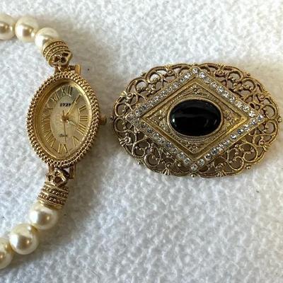 1928 Watch & Brooch, Gold Tone & Pearl
