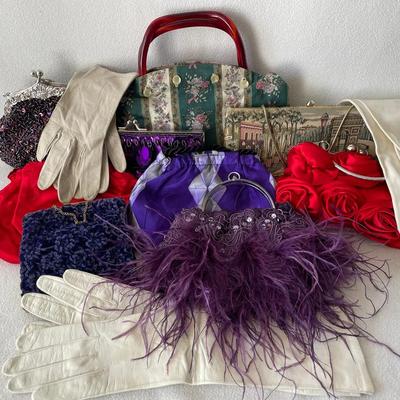 Vintage And Vintage Style Evening Bags And Gloves, Purple, Red, 12pcs