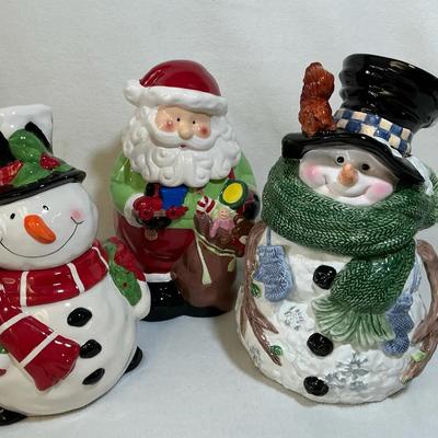 Collection Of Holiday “Cookie Jars” Santa & 2 Snowmen 