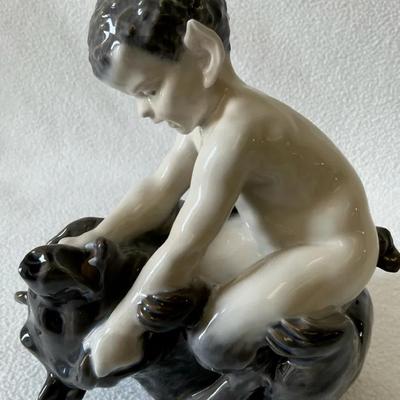 Royal Copenhagen Porcelain Faun Wrestling With Bear Figurine, Vintage