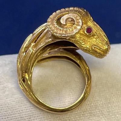 14k Gold Amethyst Ram Ring 
