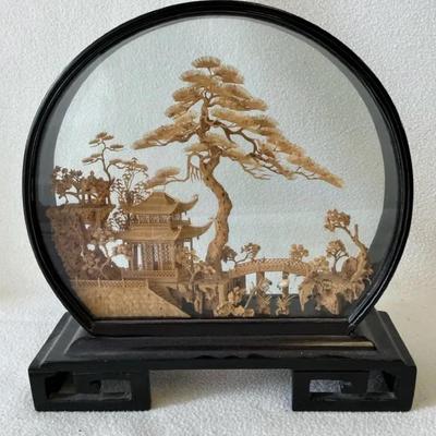 Vintage Chinese Hand Carved Cork Diorama, Mid Century