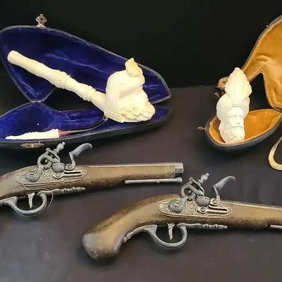 Ornate Decorative Pistols with Carved Meerschaum Pipes in Velvet Cases