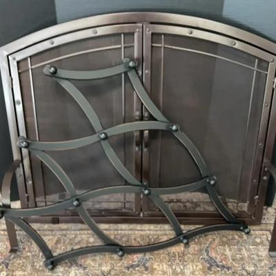 Metal Fireplace Screen & Wooden Wall Rack