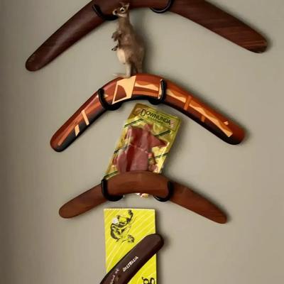 Collection of Five Wooden Australian Boomerangs with Decorative Kangaroo