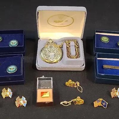 Military Pocket Watch, Lapel Pins & Tie Clip Collection