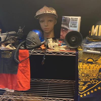 Military Memorabilia Collection Featuring MP Helmet, Uniform Accessories, Flags & Figures