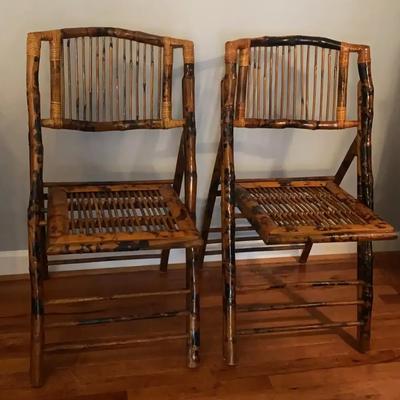 Bamboo Folding Chairs with Woven Rattan Seats and Backs