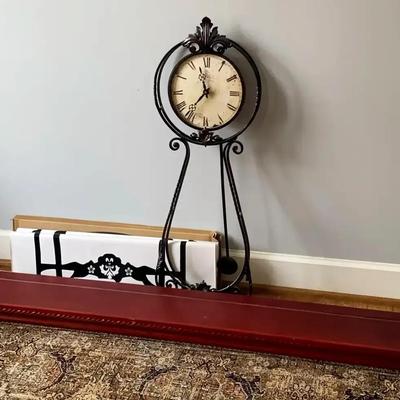 Decorative Black Metal Clock, Wooden Wall Shelf & Wall Table