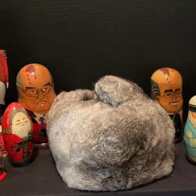 Russian Nesting Dolls, Fur Hat & Nutcracker Figurine