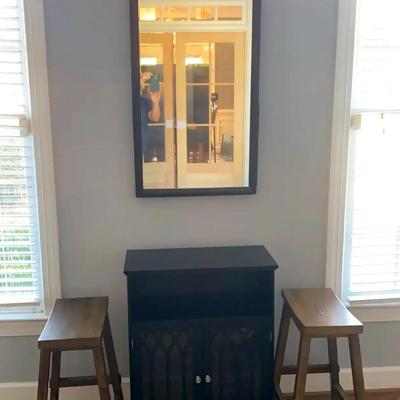 Black Cabinet with Glass Doors, Framed Mirror & Wooden Stools