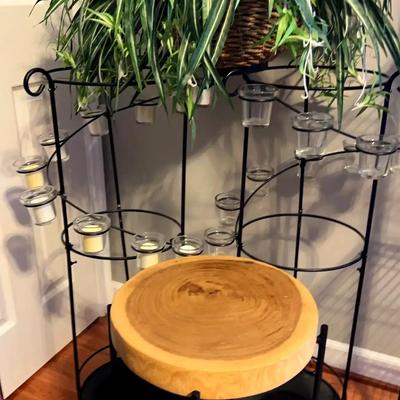 Pair of Metal Candle Holders with Faux Plant and Wooden Plant Stand