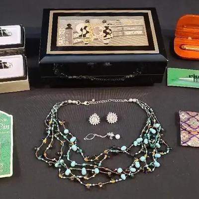 Lacquered Asian Jewelry Box, Pens & Jewelry Collection