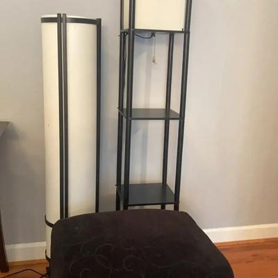 Modern Floor Lamps with Frosted Shades & Black Patterned Ottoman