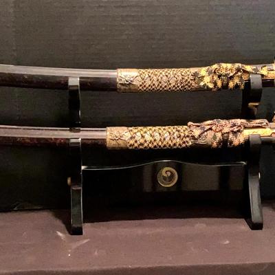 Ornate Spanish Katana & Wakizashi Sword with Dragon Motifs and Display Stand