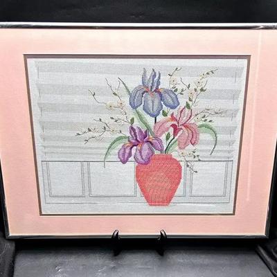 BK144 24x19 Framed Embroidery Flowers In A Vase