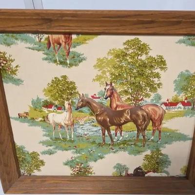 Vintage Framed Countryside Equestrian Art Trapunto Tapestry Fabric