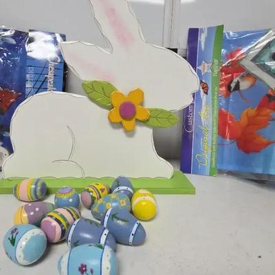 Easter Spring With Hand Painted Wood Eggs Wood Rabbit Flags