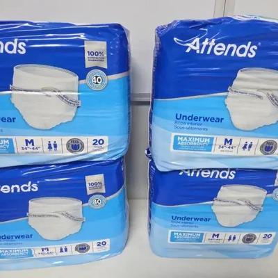 Attends Size Medium 34"-44" Under ware 4 Packs Total 80
