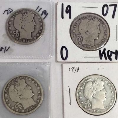 4 Barber Halves 1911, 1907-O, 1912
