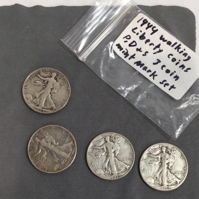4 Walking Liberty Silver Coins Lot. 1944 P,D,S 1942-S