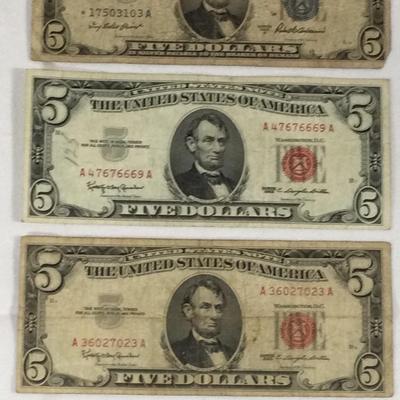 3 Vintage $5 Bills, Red And Blue Notes 1953 & 1963