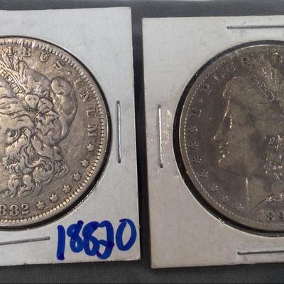 2 Morgan Silver Dollars 1882-O 1892-O