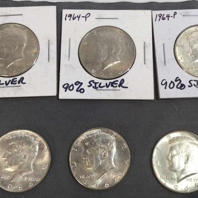 6 Kennedy Half Silver Dollars 1964