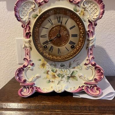 Working Antique Ansonia Tecumseh porcelain floral mantel clock. Excellent condition.  Just serviced. $200