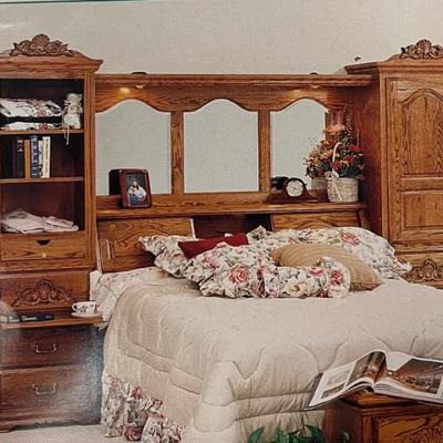 Oak Bedroom Queen Headboard and Cupboard Wall Set