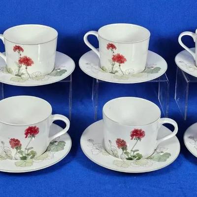 Block Spal Watercolors 'Geranium' Teacups (8), Saucers (8) + Sugar Bowl (1) By Mary Lou Goertzen